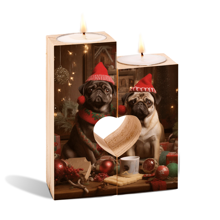 Christmas Pug Hearts Wooden Candle Holder Set