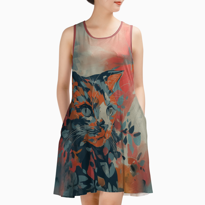 Autumn's Orange Cat Sleeveless Dress with Pockets