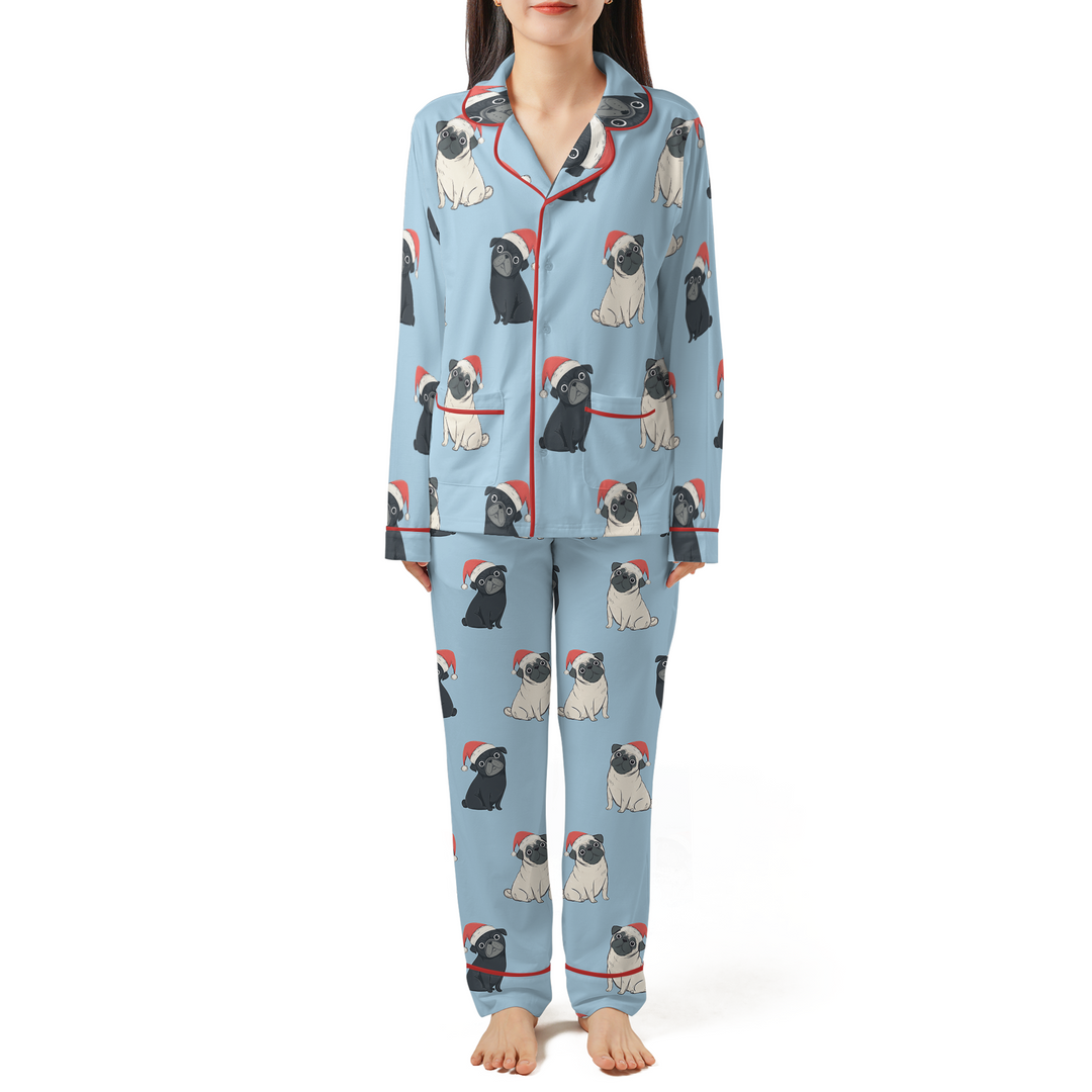 Double Santa Pug Trouble Pajamas Set with Double Pockets