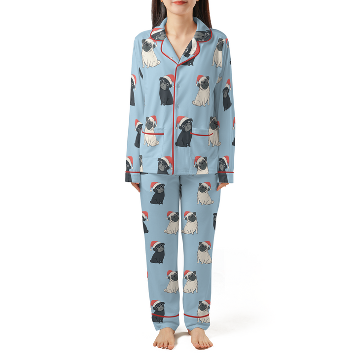 Double Santa Pug Trouble Pajamas Set with Double Pockets