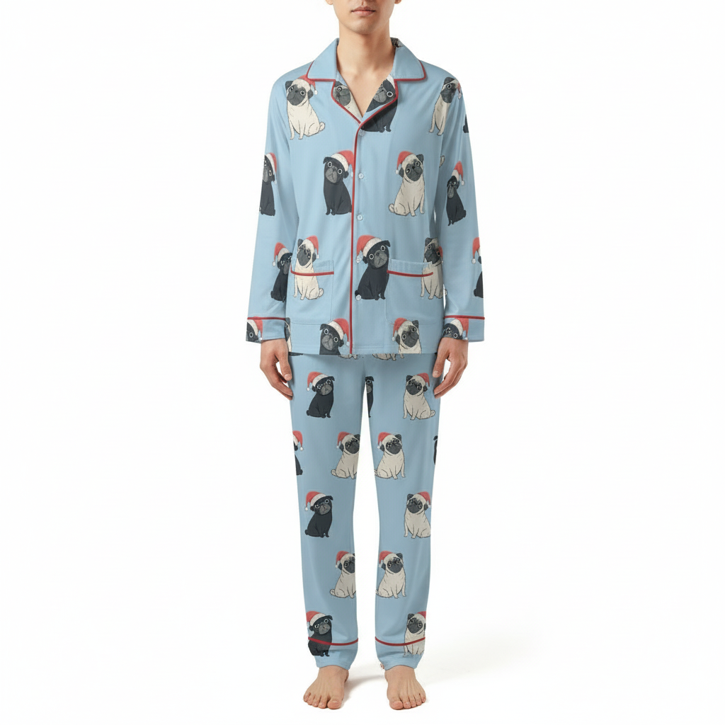 Double Santa Pug Trouble Pajamas Set with Double Pockets