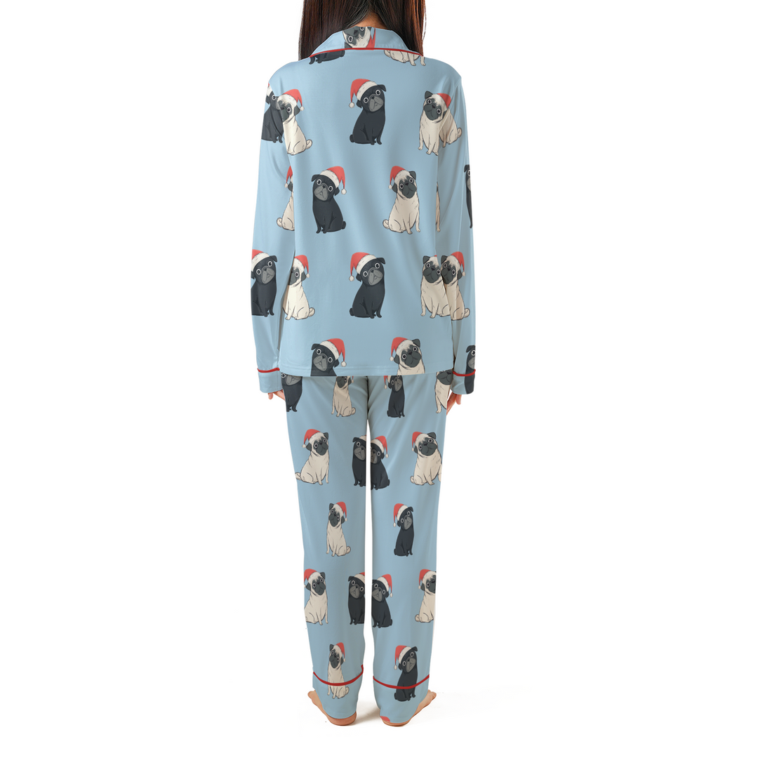 Double Santa Pug Trouble Pajamas Set with Double Pockets