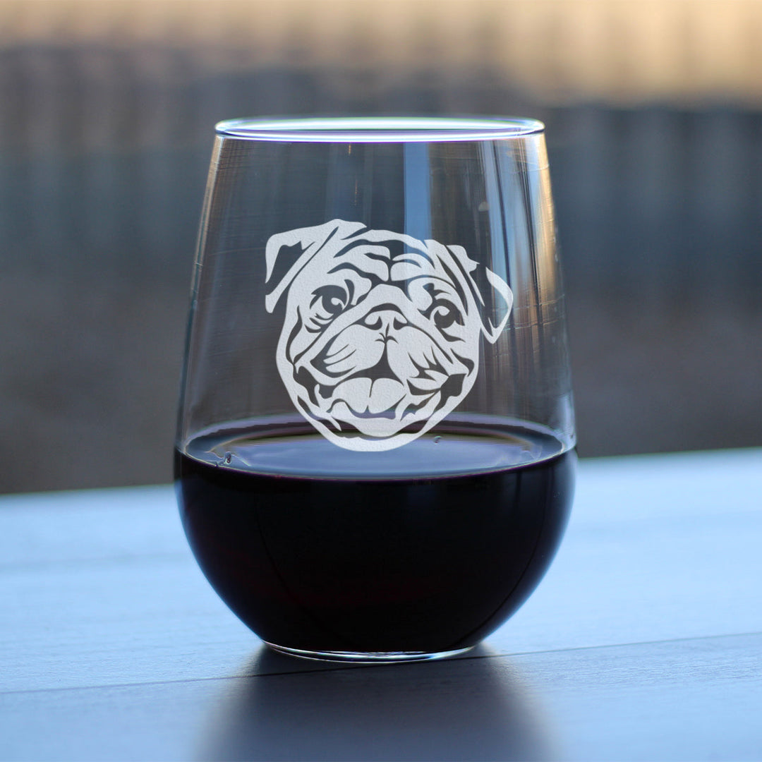 Happy Pug Stemless Wine Glass