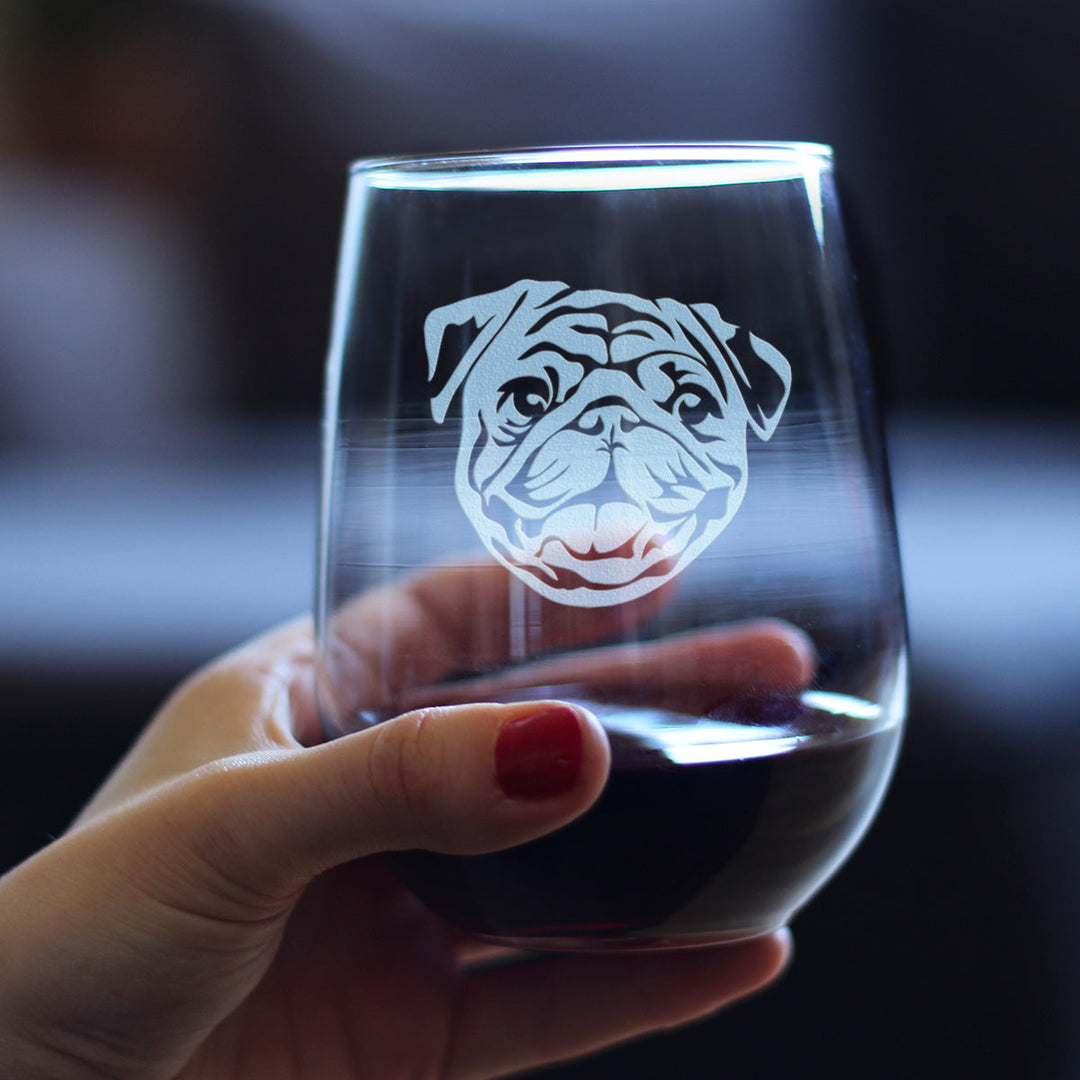 Happy Pug Stemless Wine Glass