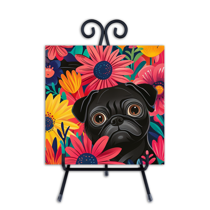 Bright Daisy Pug Tile with Stand