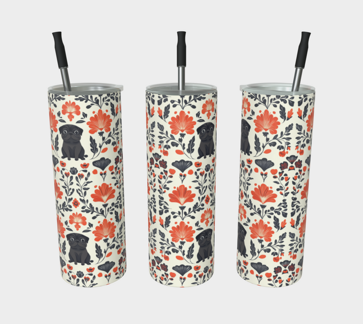 Black Pug Floral Tumbler with Attached Straws