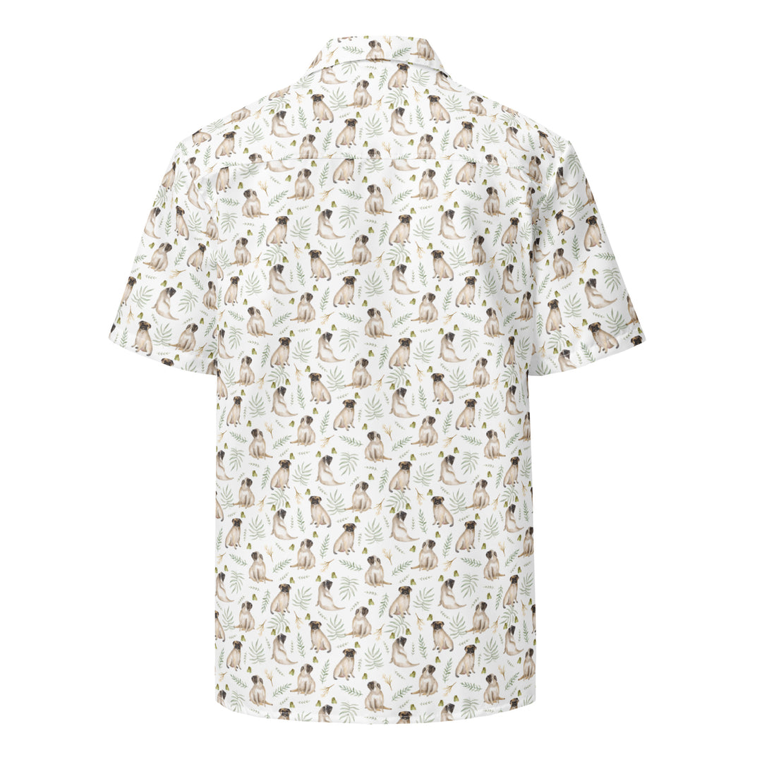 White Watercolor Pug Aloha Shirt in Recycled Polyester