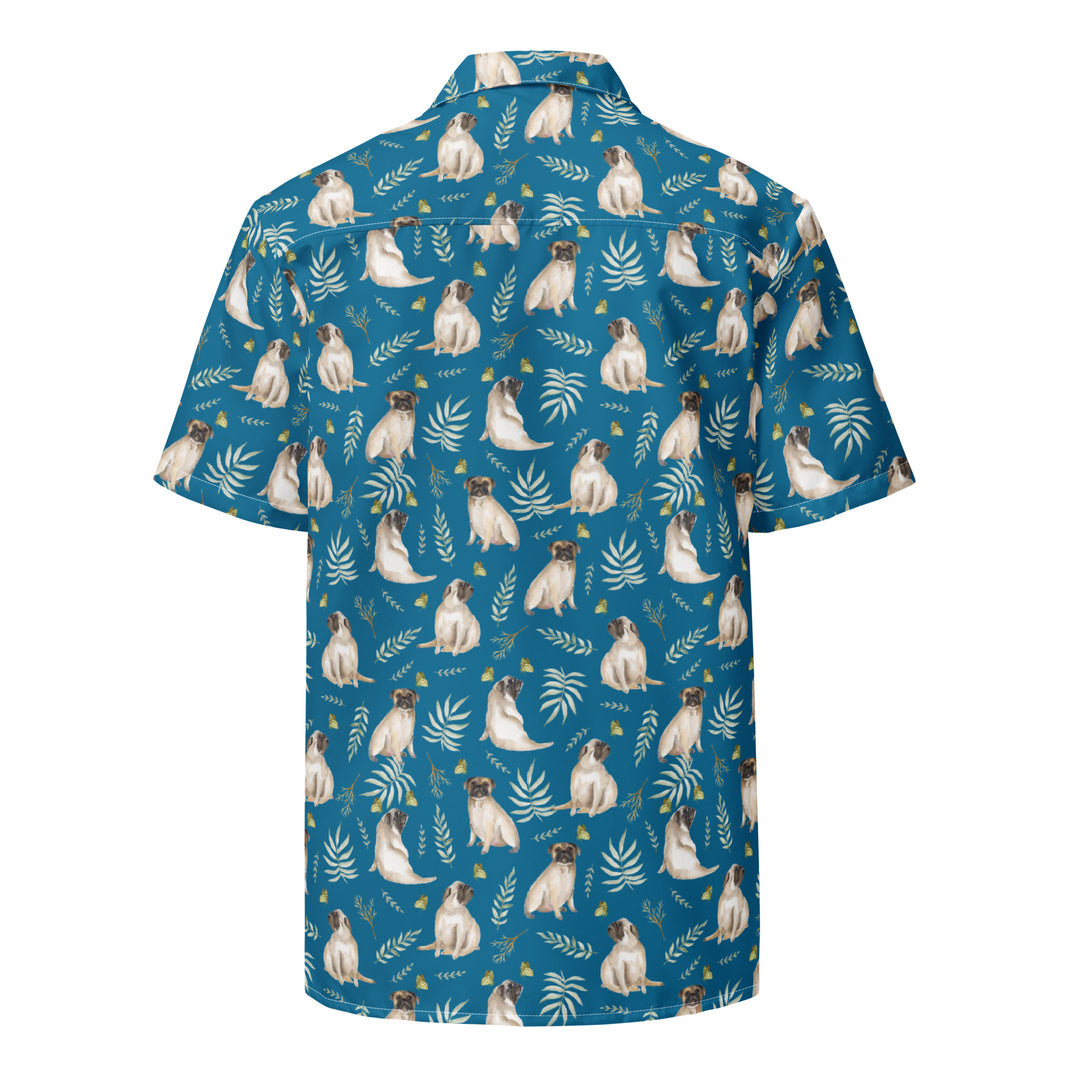 Blue Watercolor Pug Aloha Shirt in Recycled Polyester