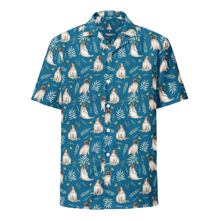 Blue Watercolor Pug Aloha Shirt in Recycled Polyester