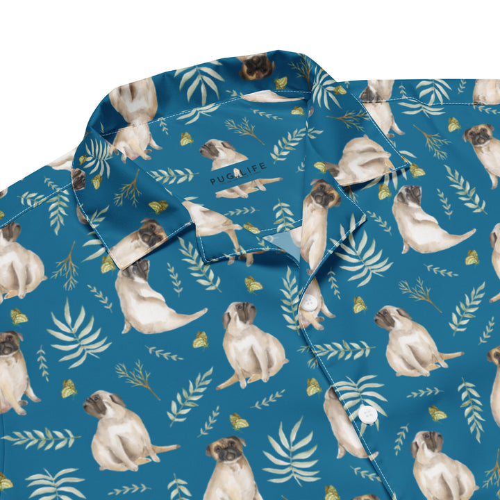 Blue Watercolor Pug Aloha Shirt in Recycled Polyester