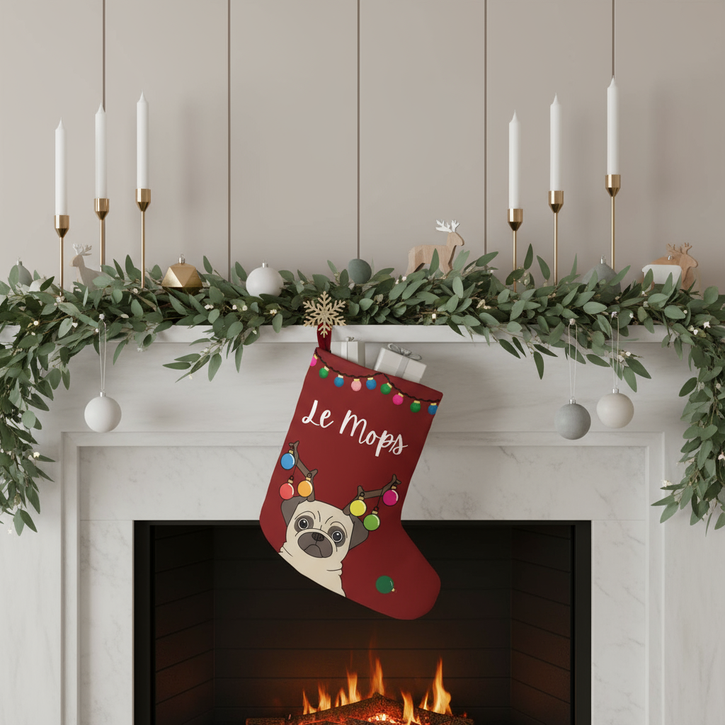 Personalized pug Christmas stocking hanging on a fireplace mantel