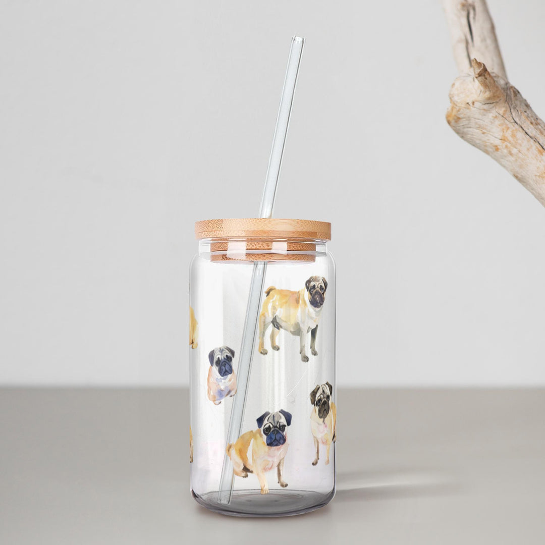 Watercolor Pug Sipper Glasses with or without Bamboo Lid