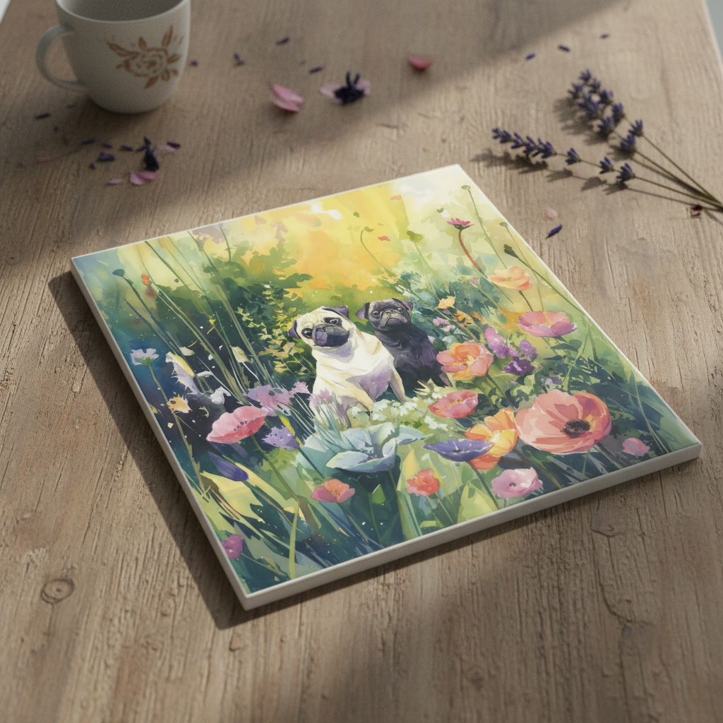 Pugs in a Poppy Field Ceramic Tile