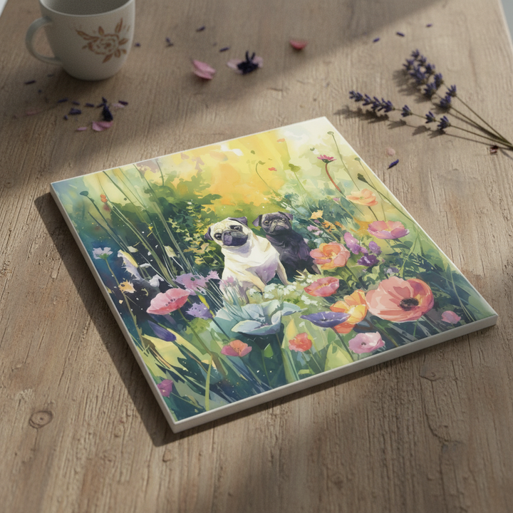 Pugs in a Poppy Field Ceramic Tile