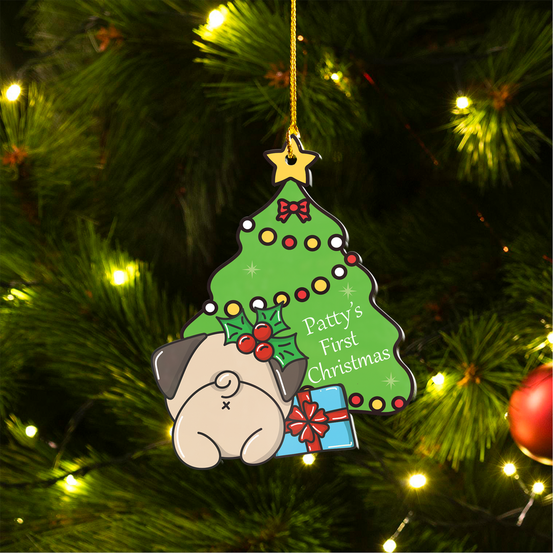 Puppy's First Christmas Custom Pug Ornament - Personalize it!