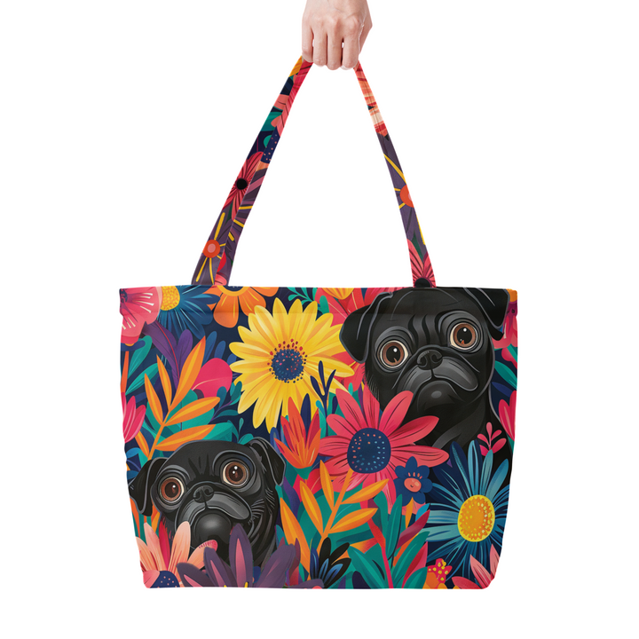 Daisy Black Pug Large Tote Bag