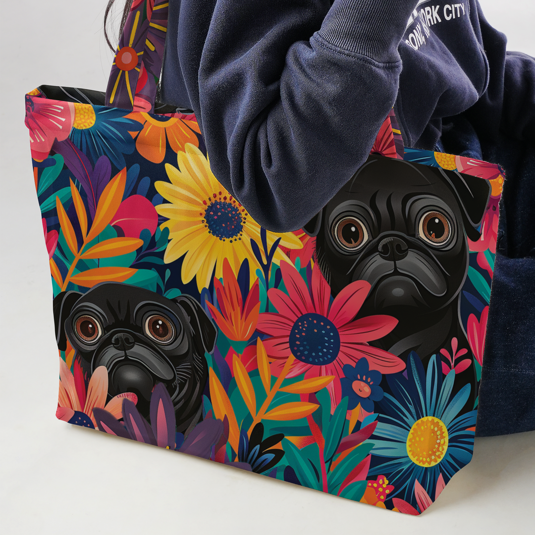 Daisy Black Pug Large Tote Bag