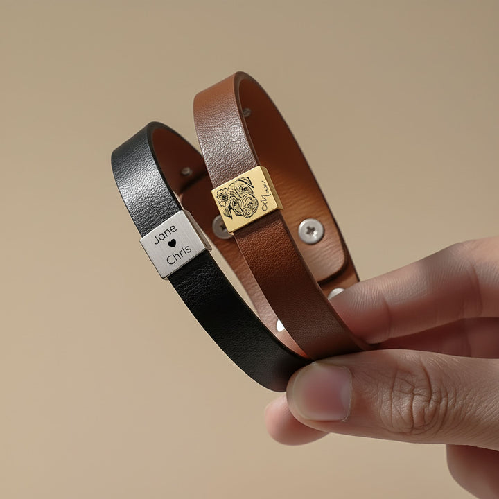 Personalized Engraved Pet Portrait Leather Bracelet