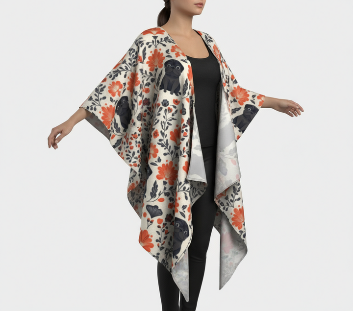 Spring Flowers Black Pug Kimono Wrap