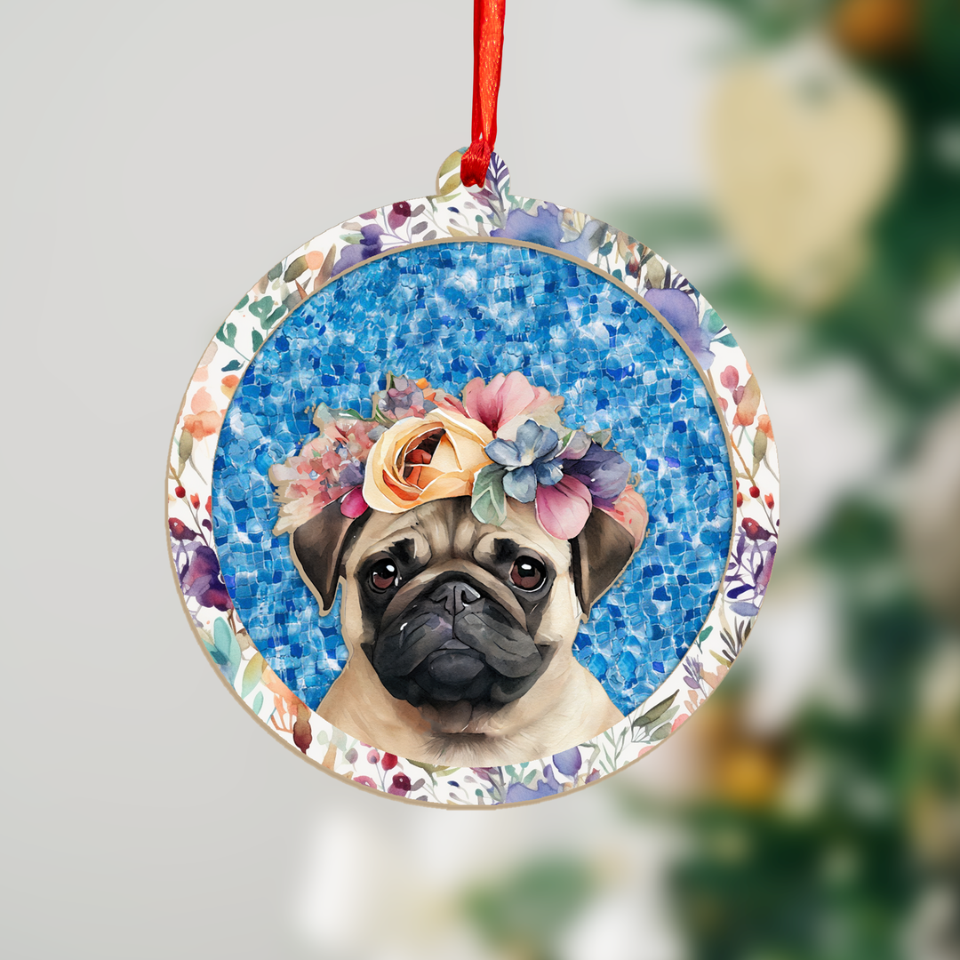 Floral Pug Suncatcher Ornament