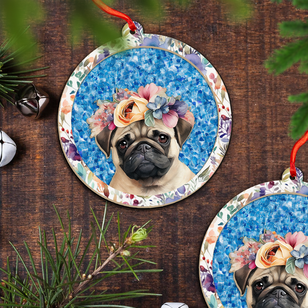 Floral Pug Suncatcher Ornament