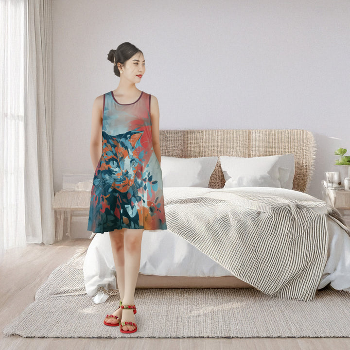 Autumn's Orange Cat Sleeveless Dress with Pockets