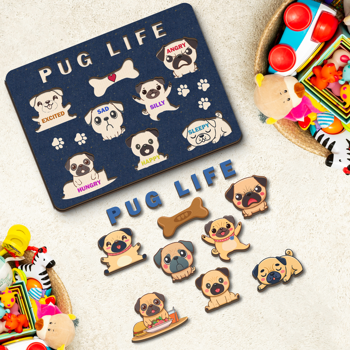 Pug Life Emotions Wooden Puzzle Board, Non-Toxic Wood Board Suitable for Children and Toddlers