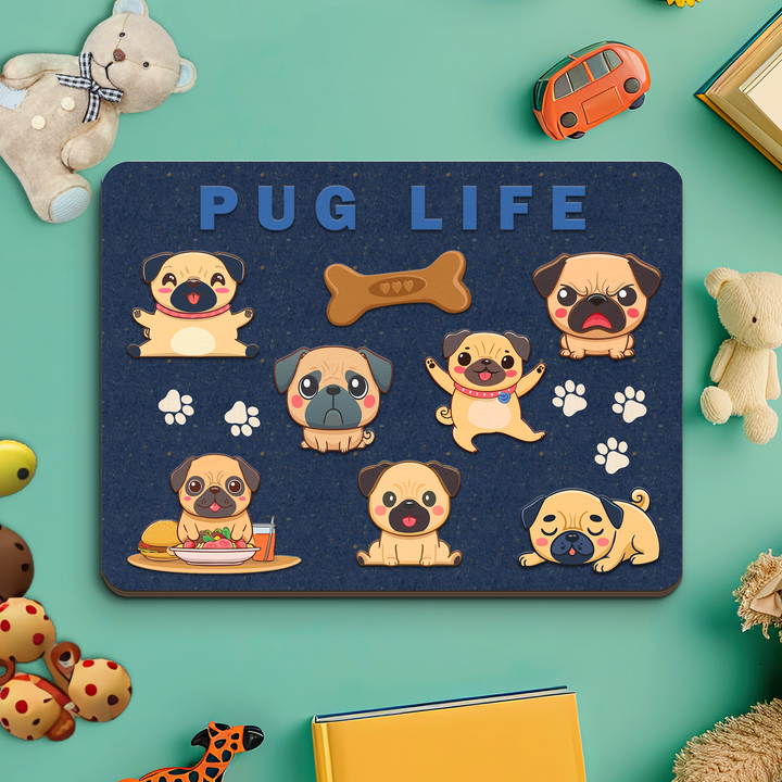 Pug Life Emotions Wooden Puzzle Board, Non-Toxic Wood Board Suitable for Children and Toddlers