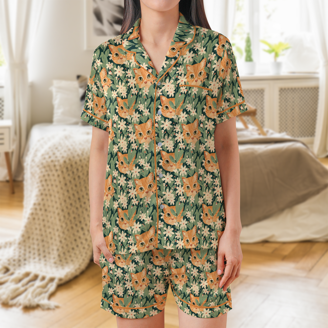 Orange Cat Satin Shorty Pajamas Set
