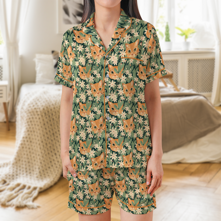 Orange Cat Satin Shorty Pajamas Set