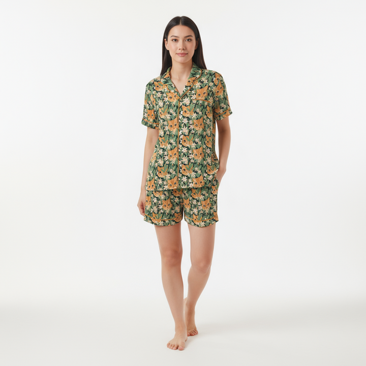 Orange Cat Satin Shorty Pajamas Set