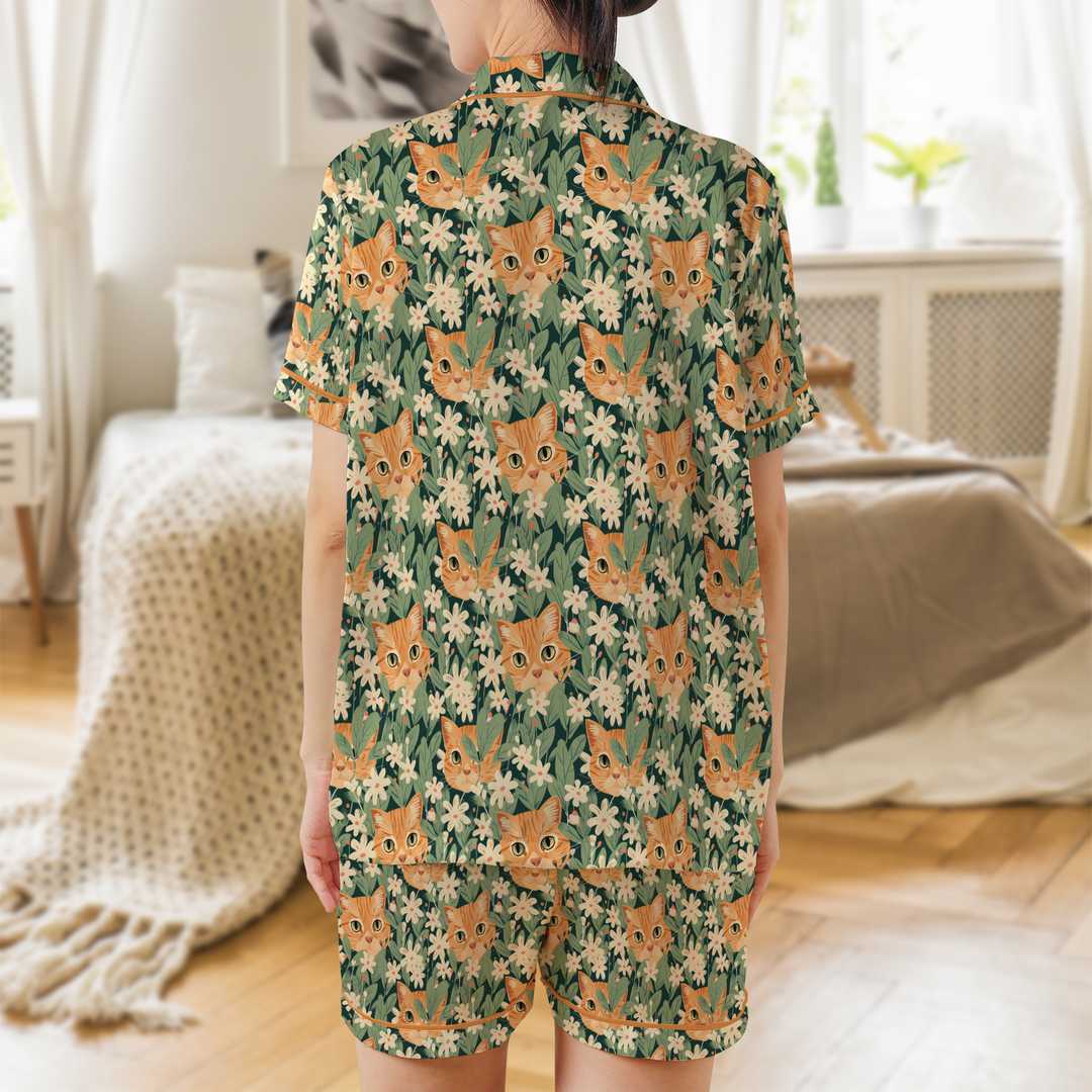 Orange Cat Satin Shorty Pajamas Set