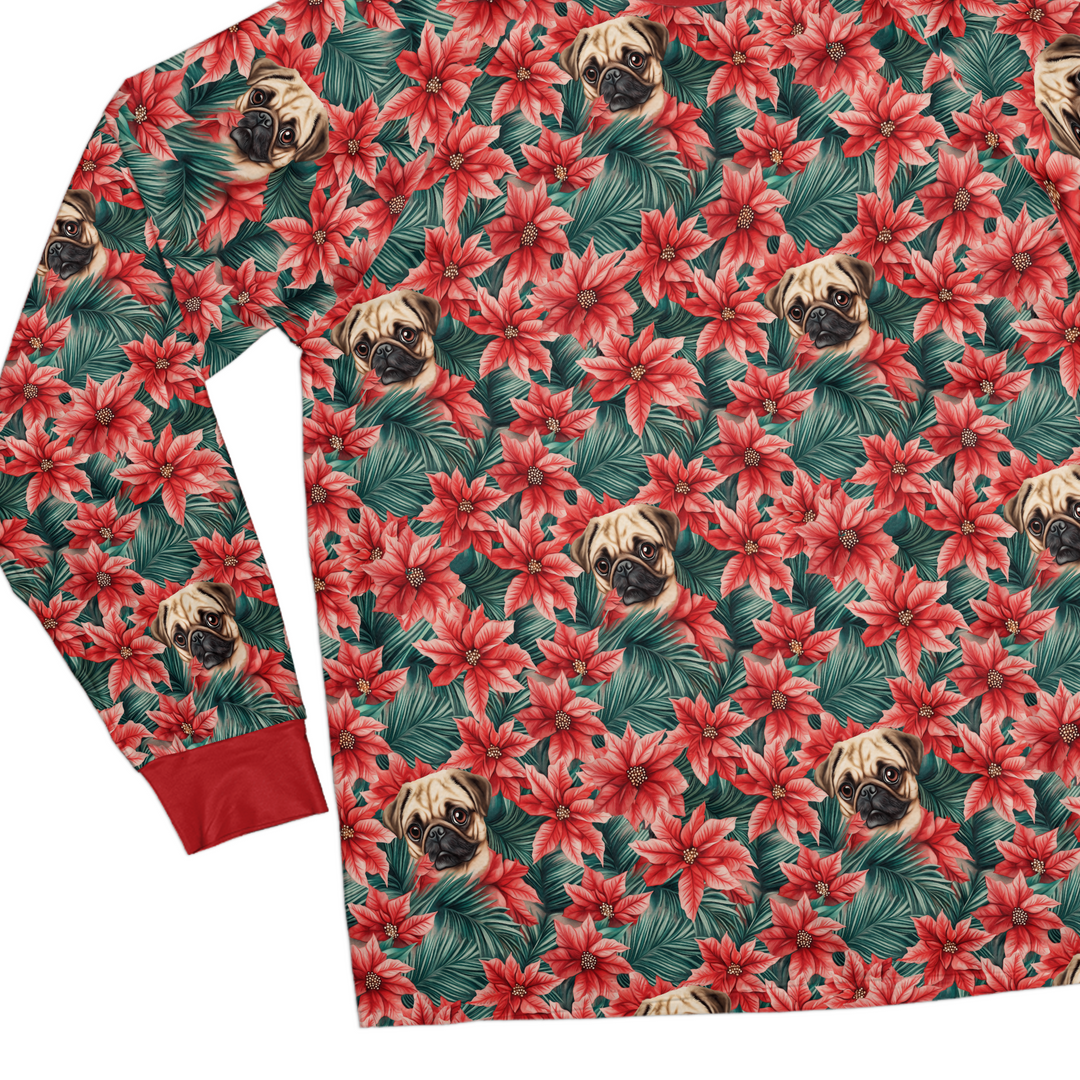 Poinsettia Pug Pajama Set in Kids and Adult Sizes, Matching Family PJs
