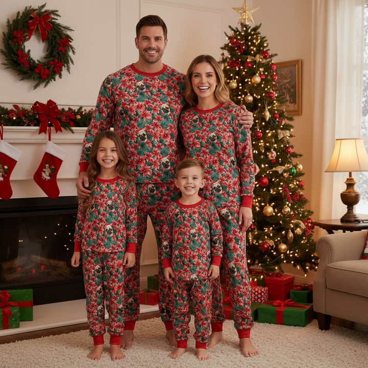 Poinsettia Pug Pajama Set in Kids and Adult Sizes, Matching Family PJs