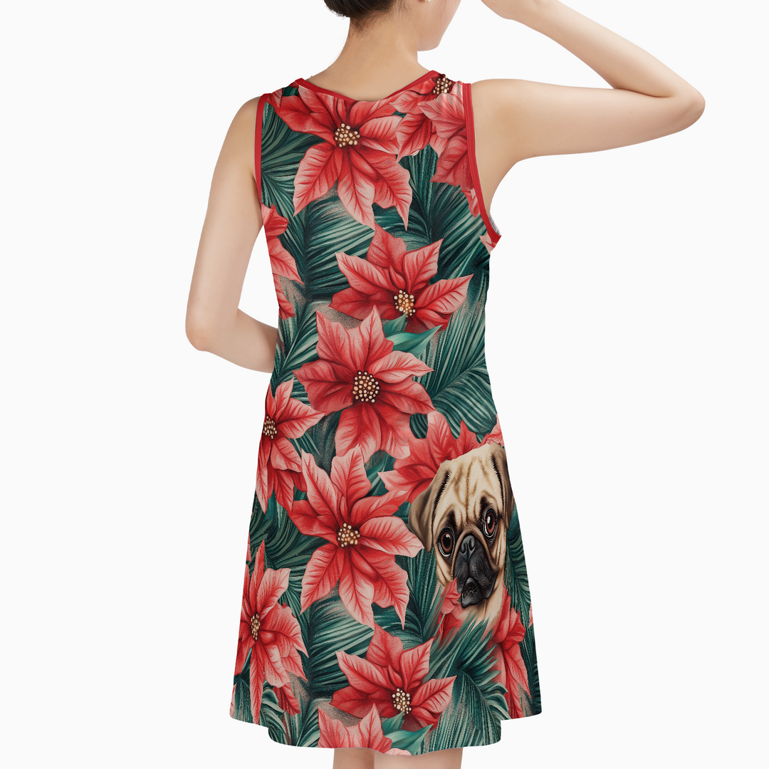 Poinsettia Aloha Pug Tank Dress with Pockets