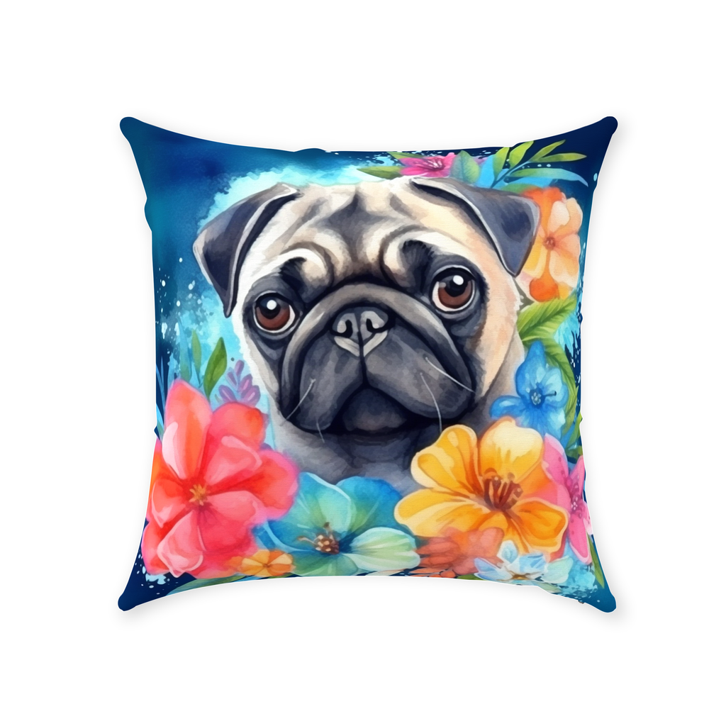 Tropical Watercolor Pug Throw Pillows (Indoor or Outdoor) Pug Life