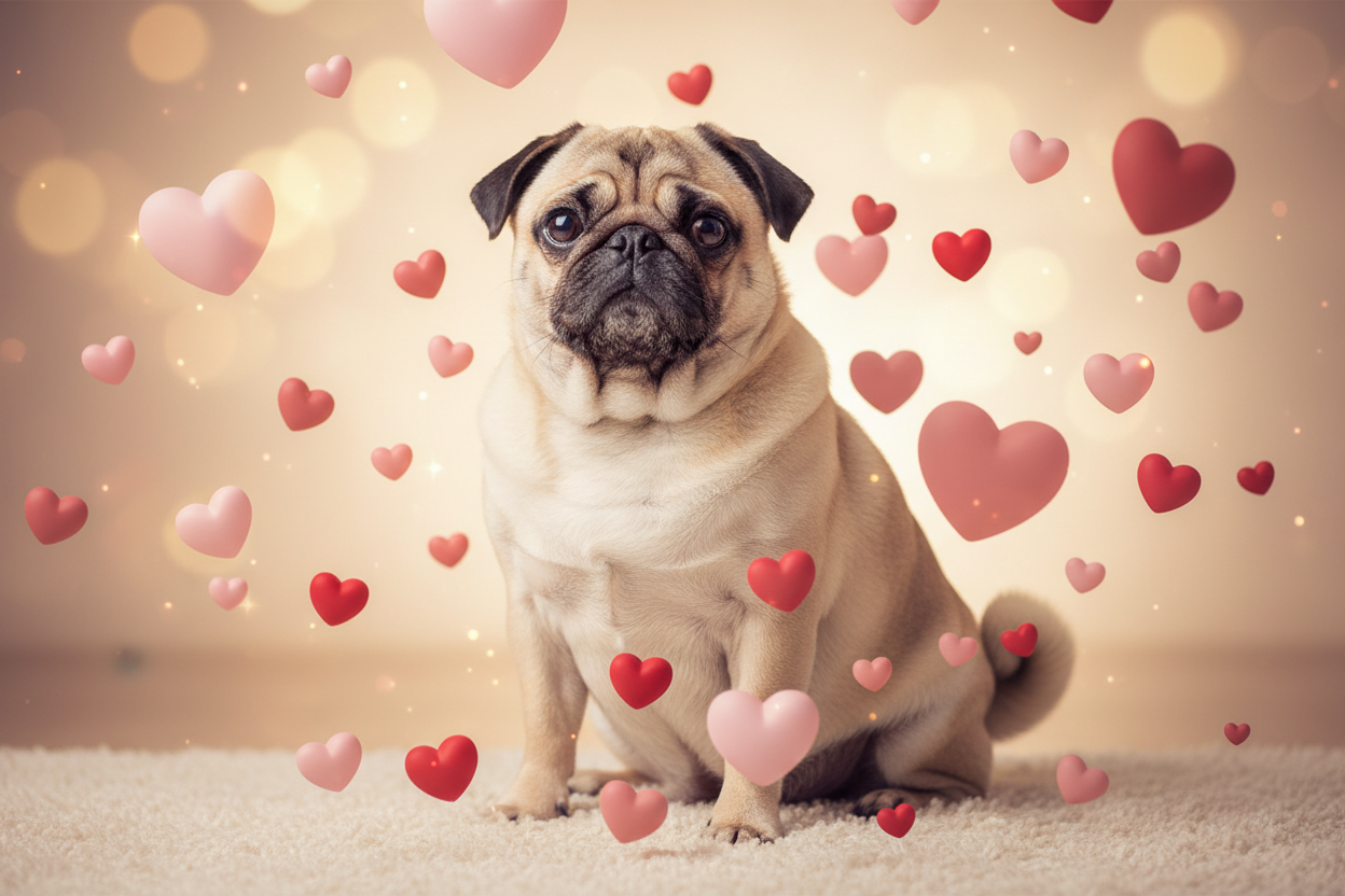 Pug Surrounded by Hearts