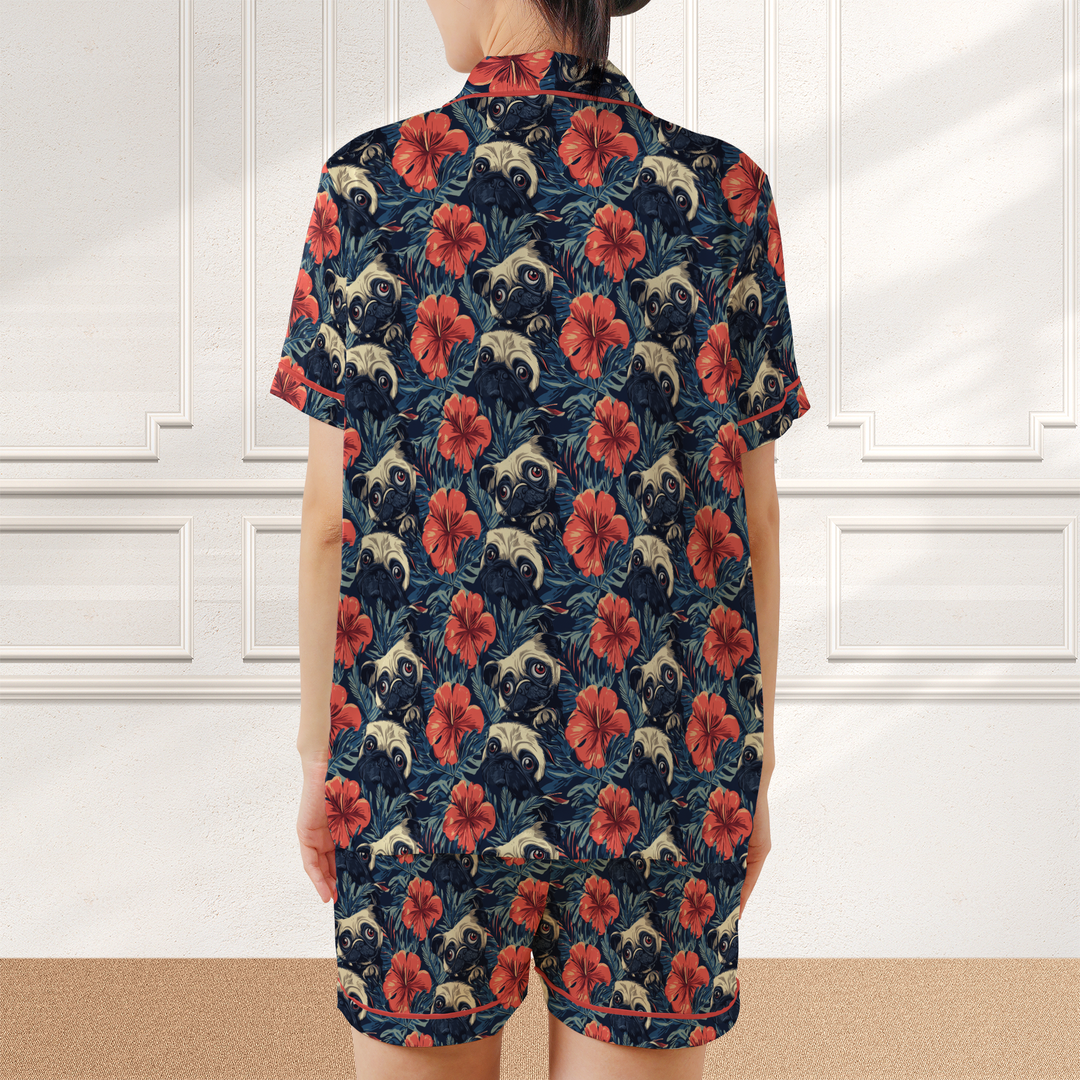 Red and Black Pug Satin Shorty Pajamas