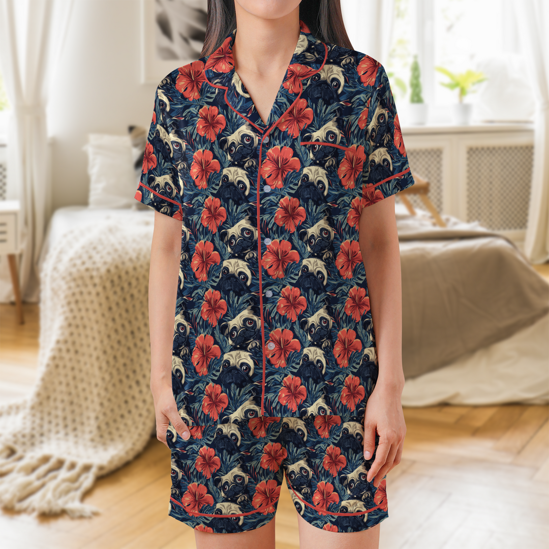 Red and Black Pug Satin Shorty Pajamas