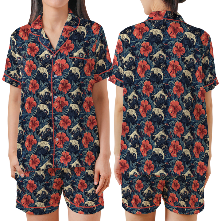 Red and Black Pug Satin Shorty Pajamas