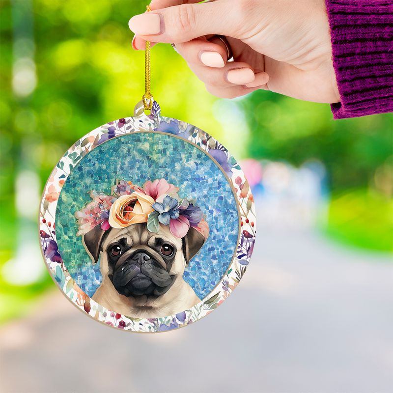 Floral Pug Suncatcher Ornament