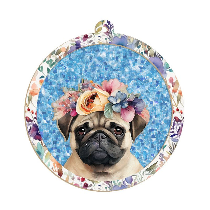 Floral Pug Suncatcher Ornament