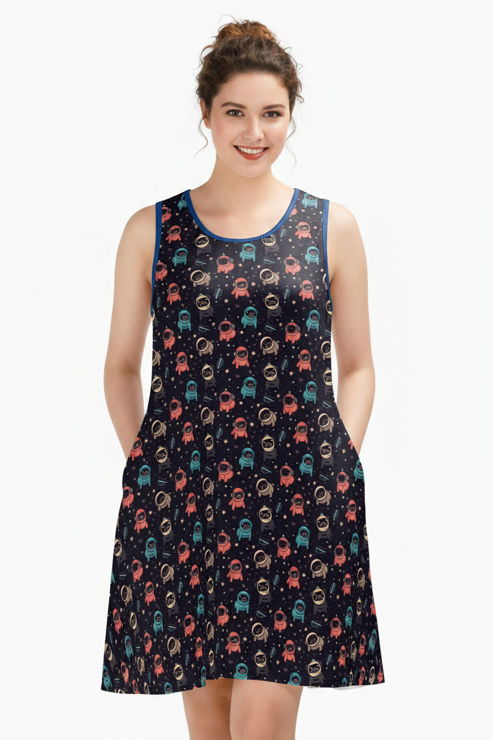 Space Pug Sleeveless Tank Dress with Pockets