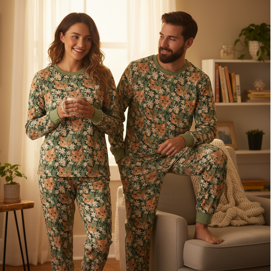 Orange Cat Raglan Pajamas: Adult and Kids, PJ Set or Separates with pockets