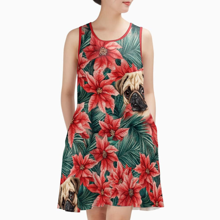 Poinsettia Aloha Pug Tank Dress with Pockets