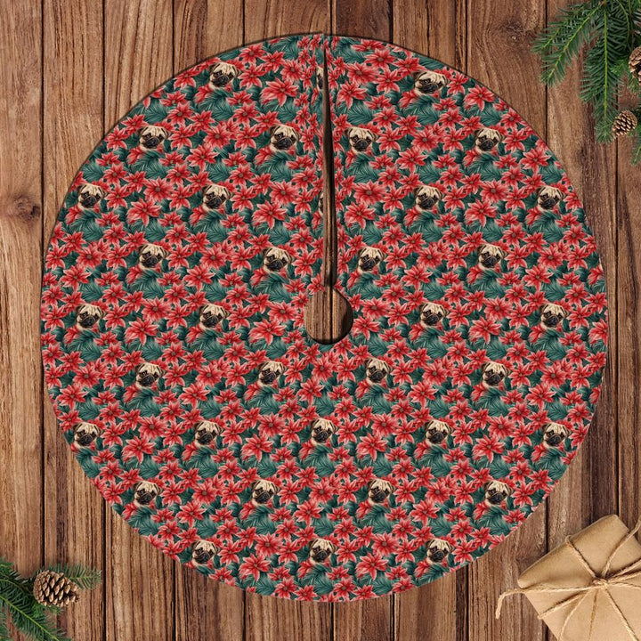 Christmas tree skirt with poinsettia pattern and pug faces on a wooden floor.