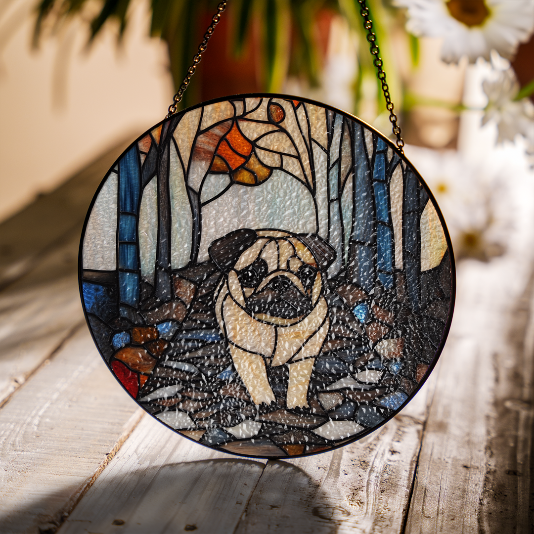 Pug Forest Glass Suncatcher