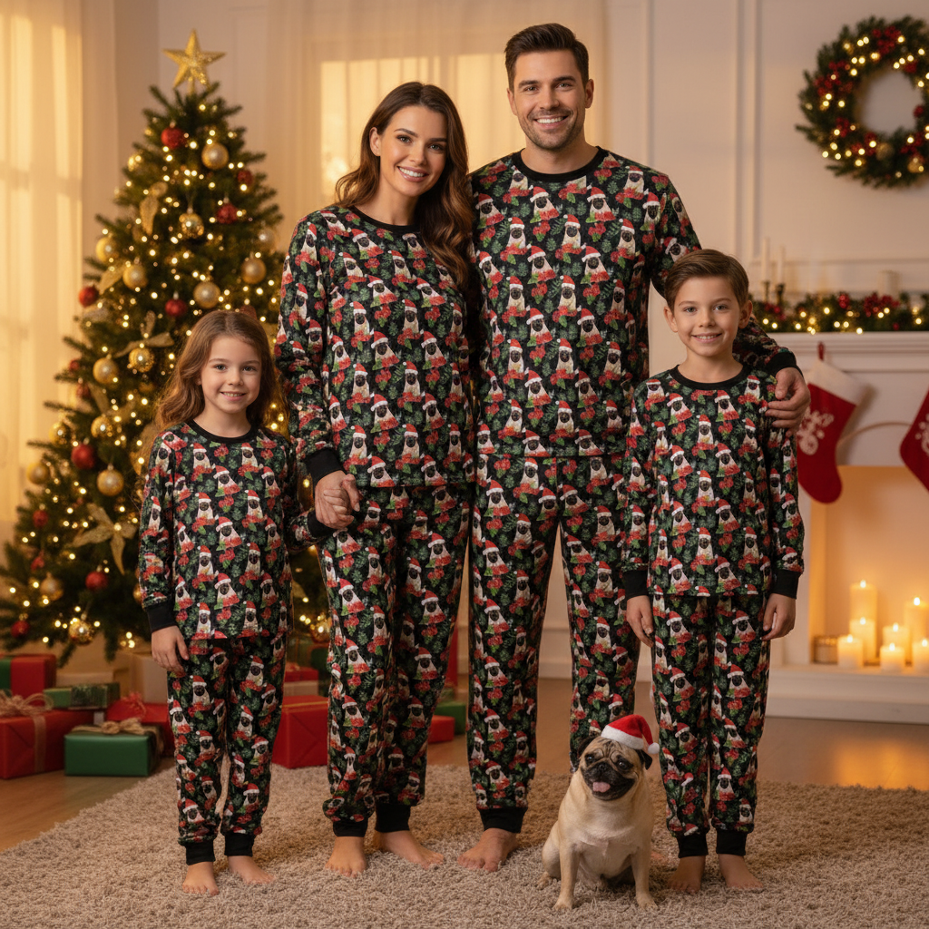 Santa Pug Pajama Set in Kids and Adult Sizes, Matching Family PJs