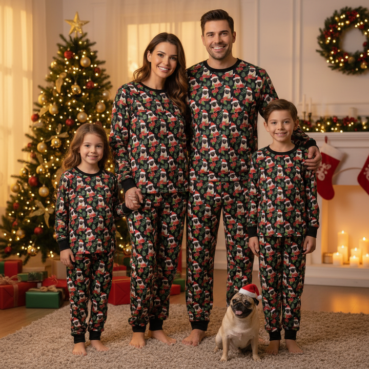 Santa Pug Pajama Set in Kids and Adult Sizes, Matching Family PJs